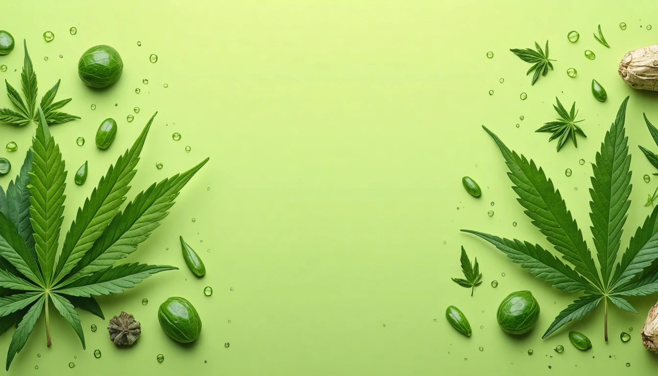 Green leaves and seeds scattered on a light green background, with droplets and small capsules