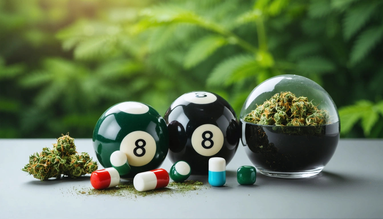 Two billiard balls with number eight, glass bowl with green buds, scattered capsules, and green leaves in the background