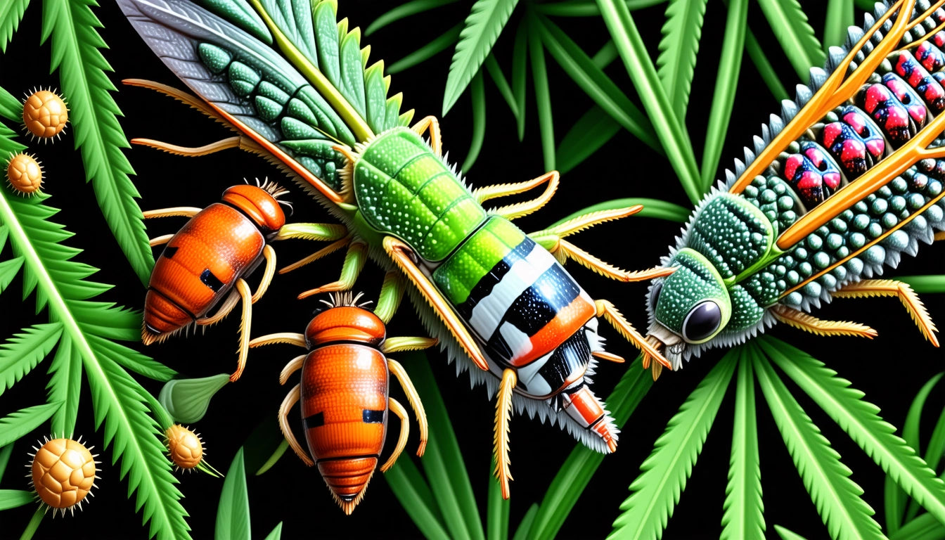 Colorful insects with segmented bodies and detailed patterns on green leaves against a black background