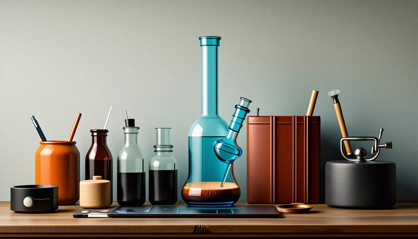 Various glass bottles and jars with liquids on a wooden table, including a tall blue flask and a small funnel
