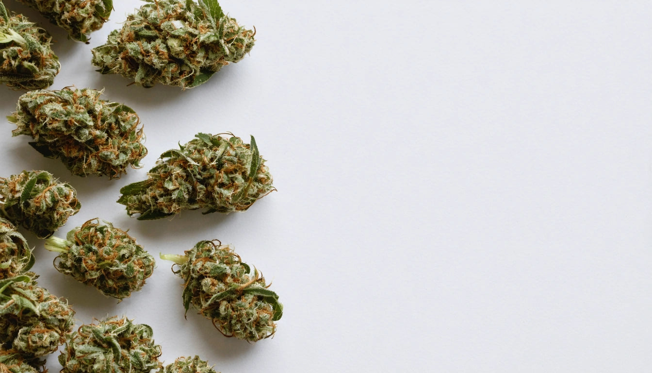 Dried green and brown plant buds scattered on a white surface