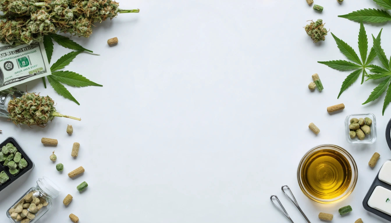 Cannabis buds, leaves, and oil on white background with scattered pills and dollar bills