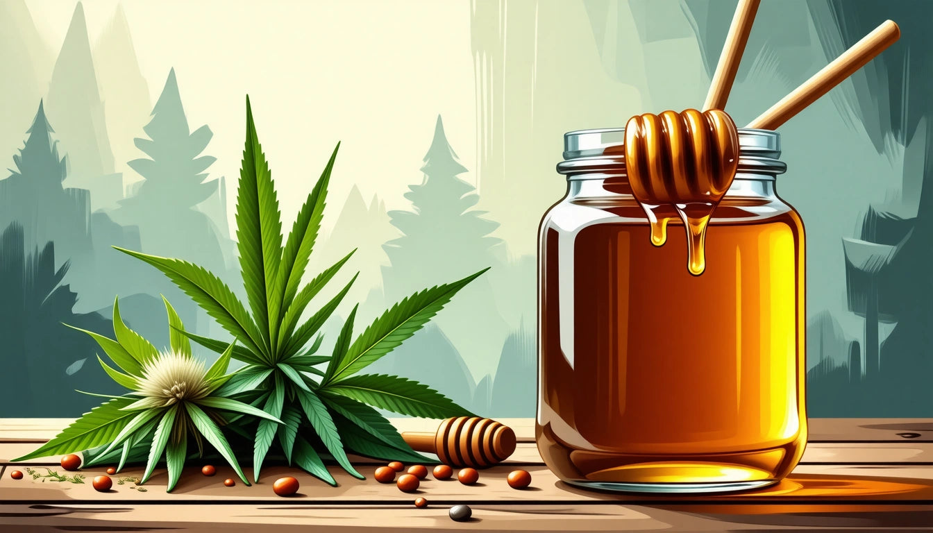 Jar of honey with dipper, honeycomb, and green leaves on wooden surface, forest silhouette in background