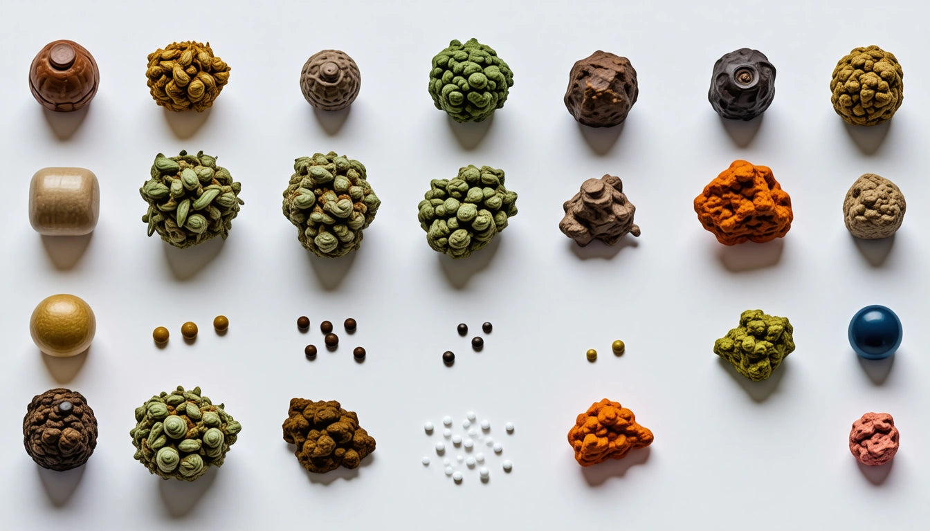 Various textured and colored clusters and objects arranged in rows on a white surface, including green, brown, and orange hues