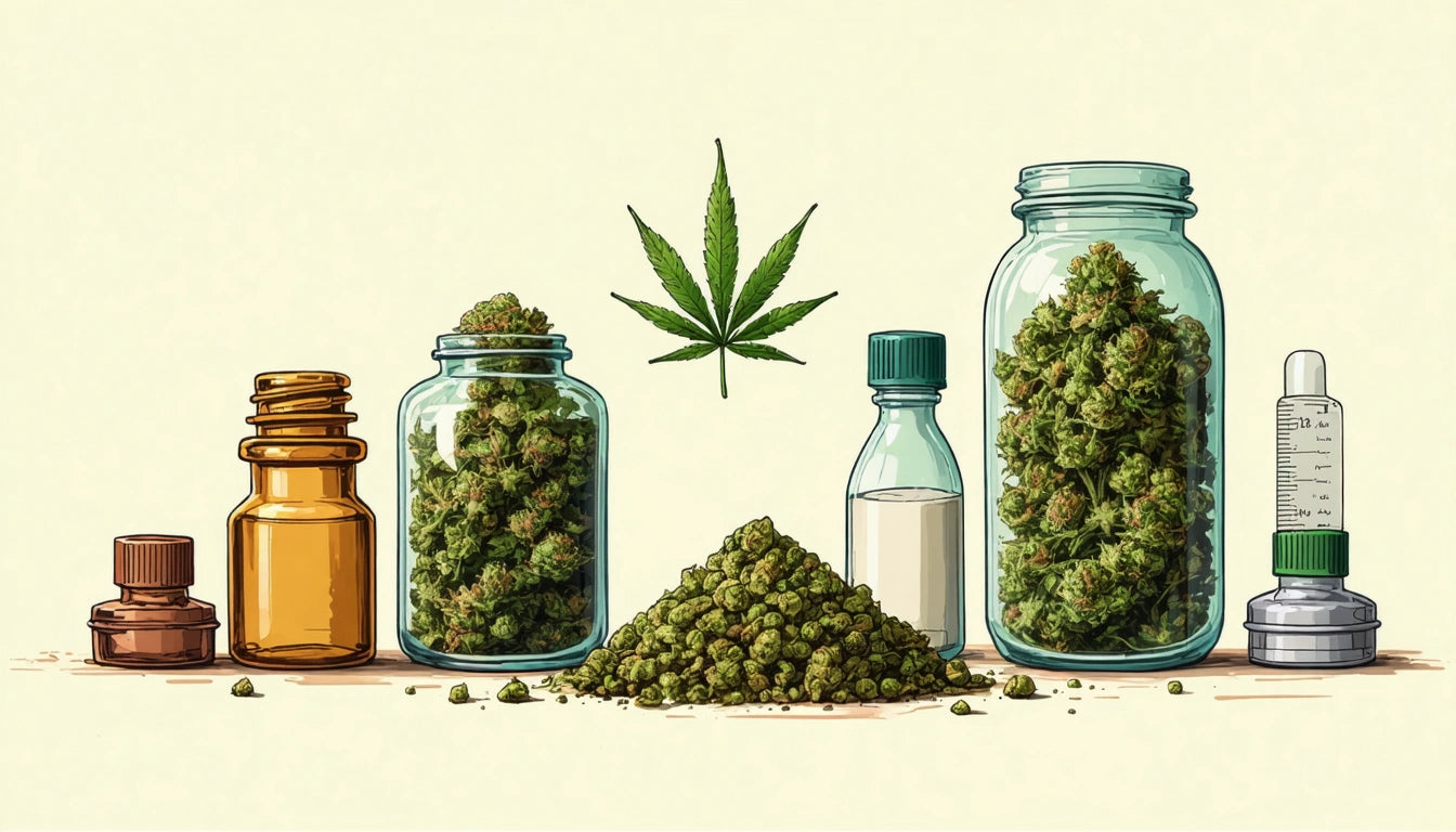 Glass jars filled with green buds, a pile of buds, a dropper bottle, a syringe, and a leaf illustration on a light background