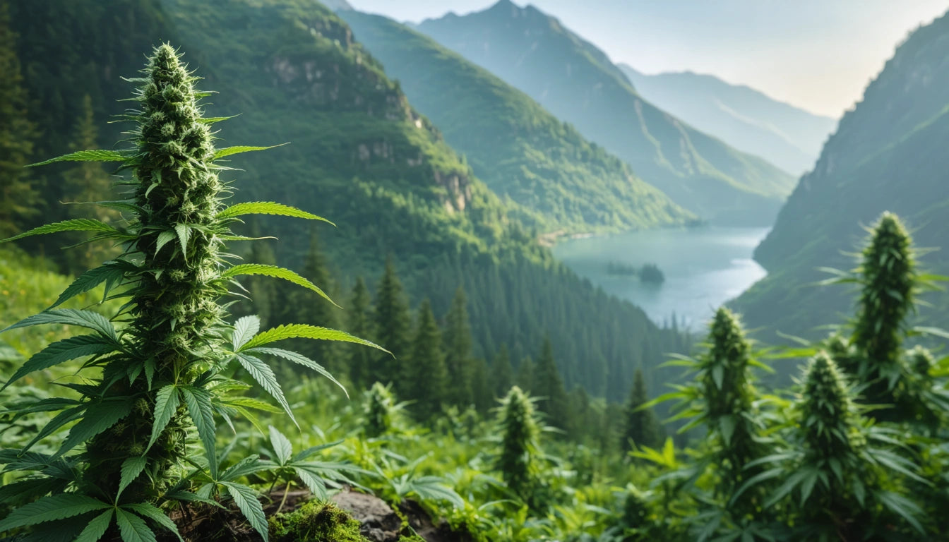 Tall green plants with pointed leaves in foreground, lush green mountains and a lake in the background under a clear sky