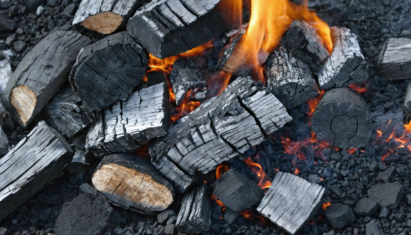 Burning logs with charred surfaces and bright orange flames on a bed of dark gray coals