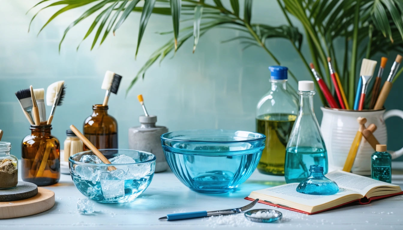 Glass bowls with ice, open book, pen, bottles, and brushes on a table. Greenery in the background