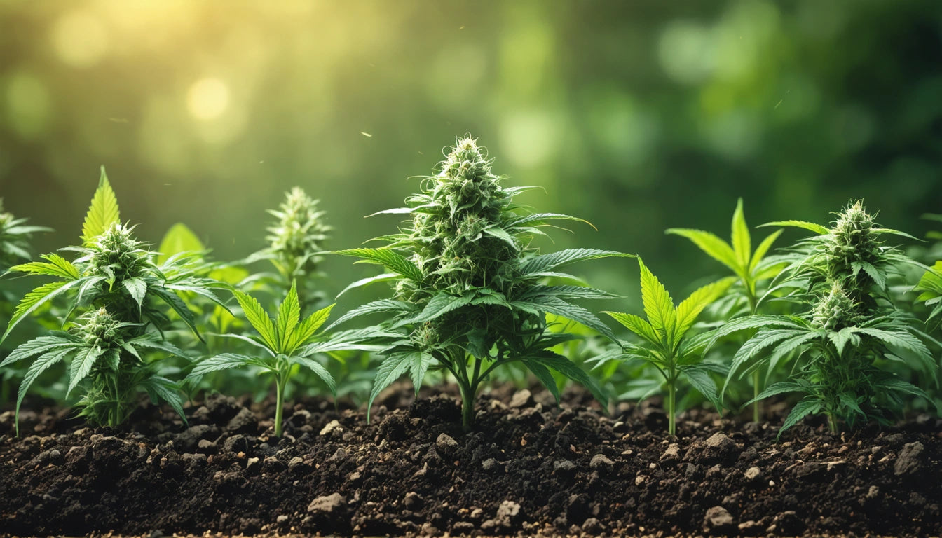 Sunlit green plants with broad leaves and dense buds growing in dark soil, blurred green background