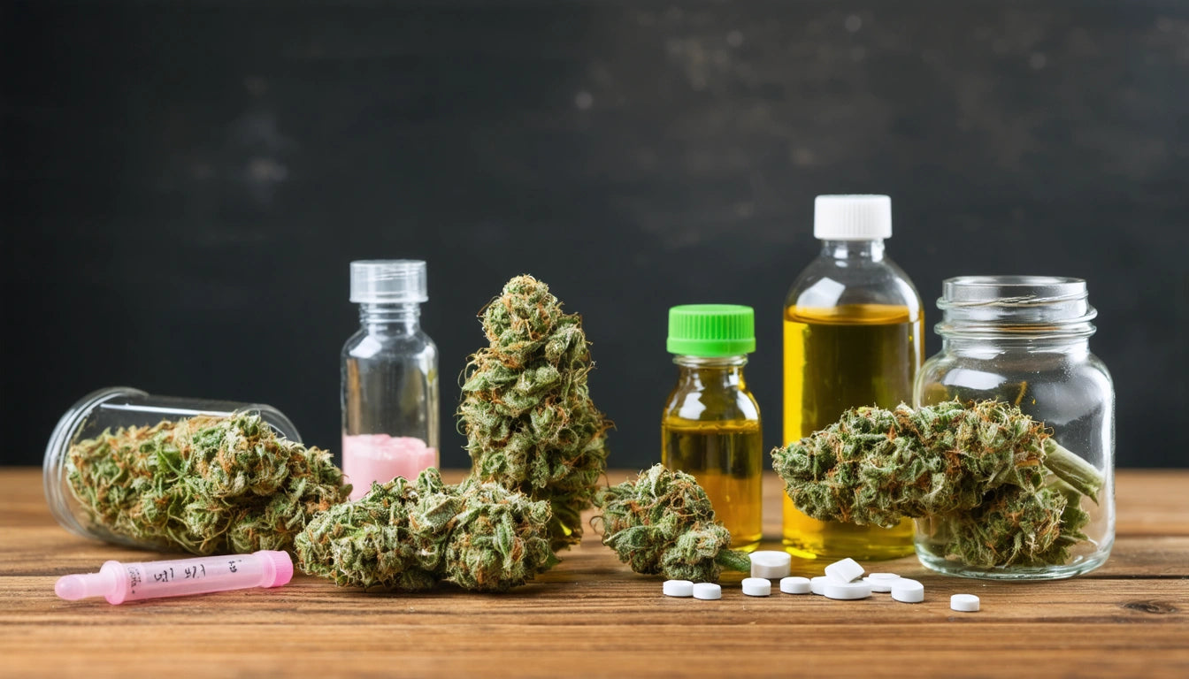 Glass jars with green plant buds, small bottles with yellow liquid, white pills, and a pink syringe on wooden surface