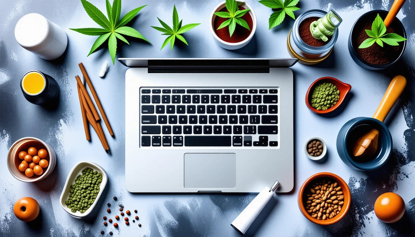 Open laptop surrounded by potted plants, bowls of seeds, pencils, and a small white tube on a gray surface