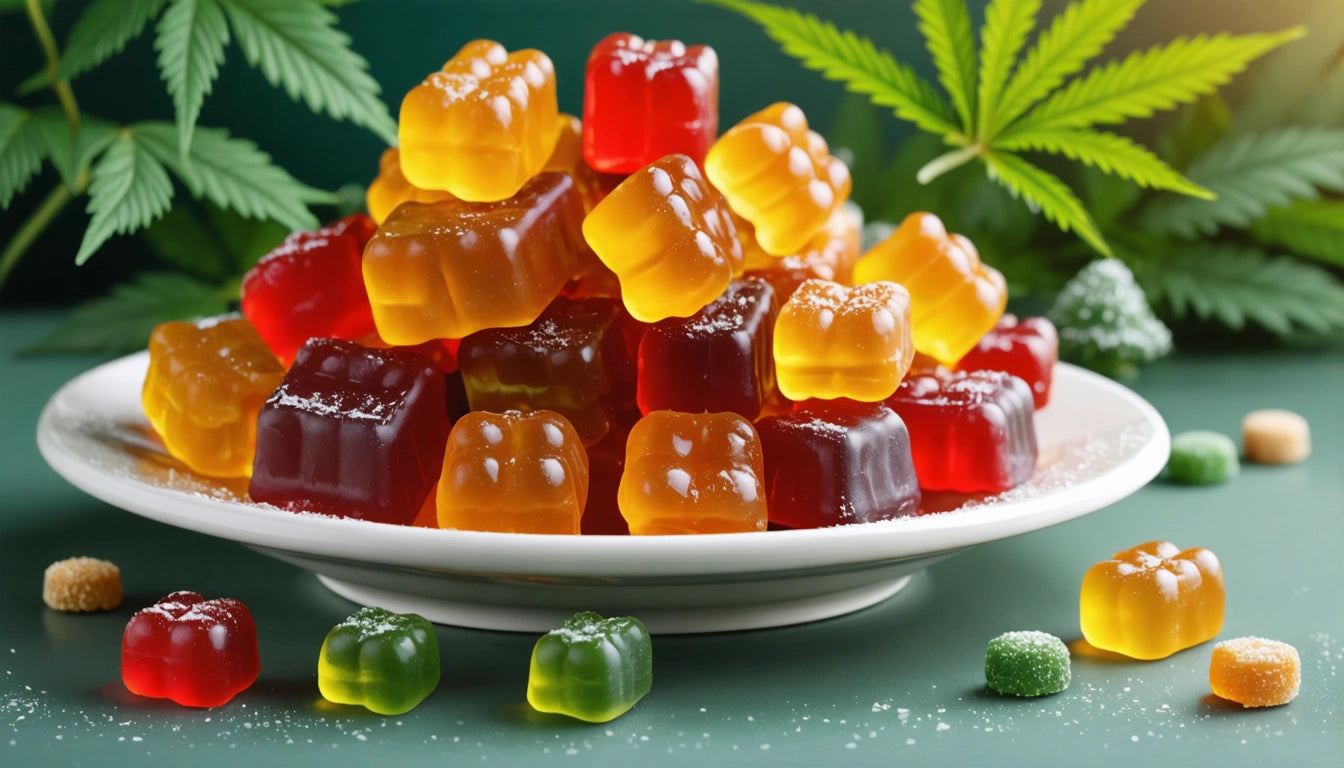 Gummy bears in red, orange, and yellow piled on a white plate, surrounded by green leaves and scattered sugar-dusted gummies