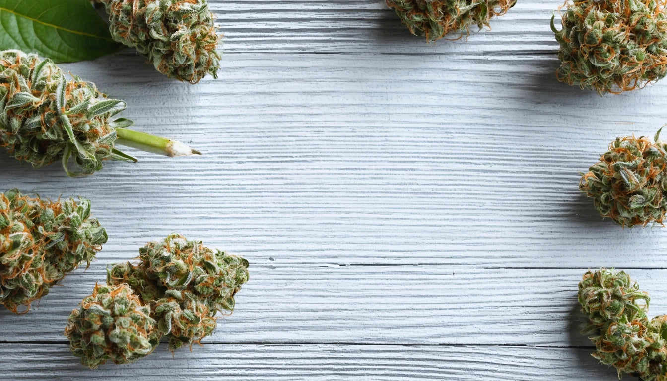 Green and orange buds scattered on a light gray wooden surface, with a single green leaf visible in the top left corner