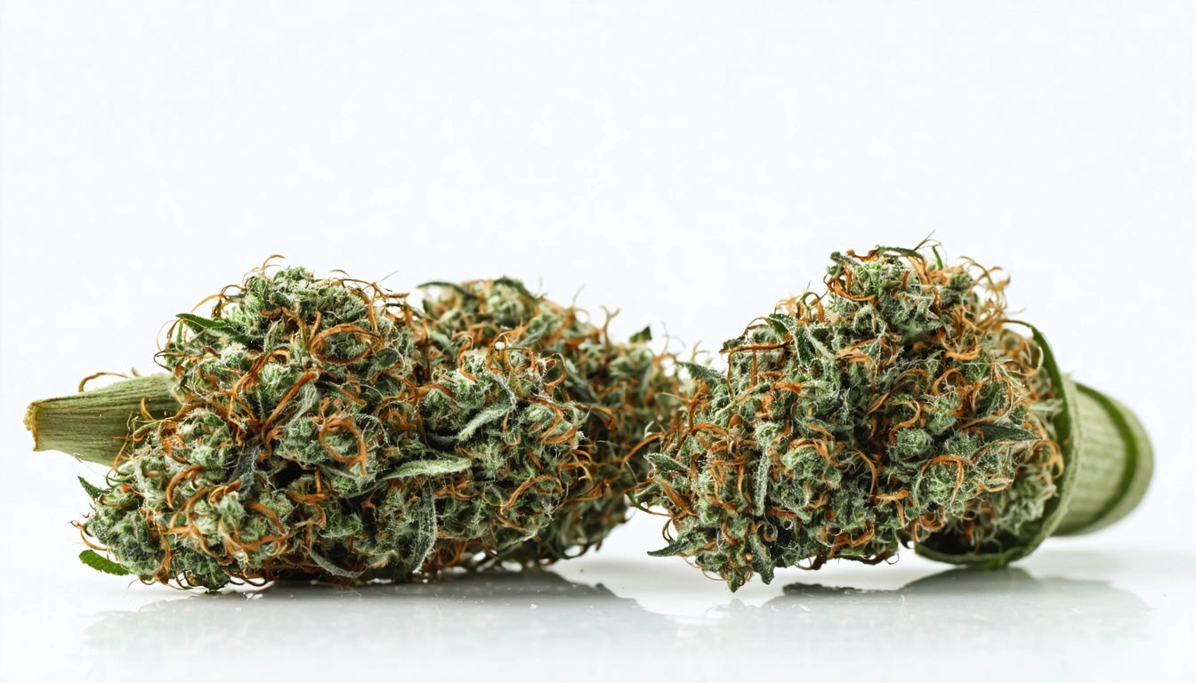 Two dense, green and orange buds with textured surfaces on a reflective white background