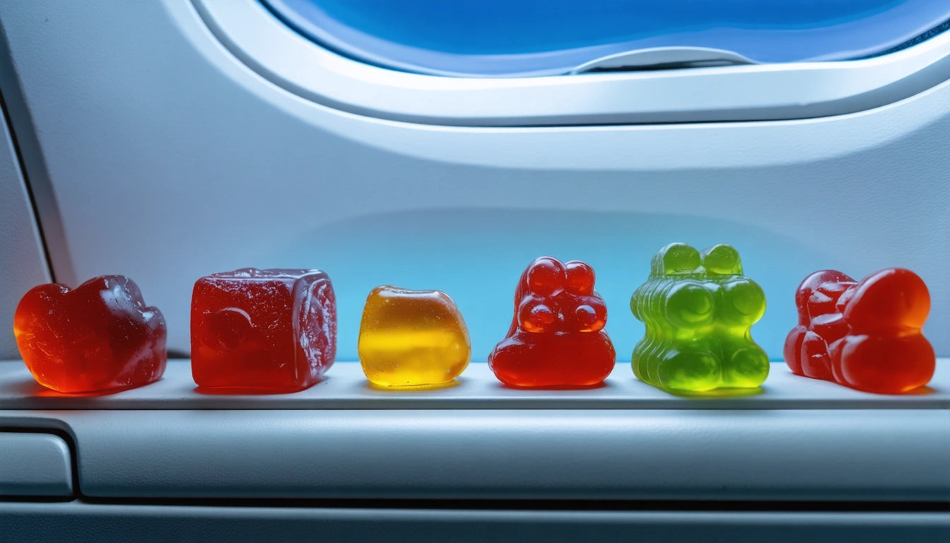 Six colorful gummy candies on an airplane window ledge, lit by blue light from the window