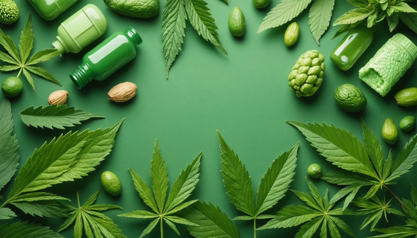 Green leaves, pills, and bottles arranged on a green surface, with nuts and textured objects scattered throughout