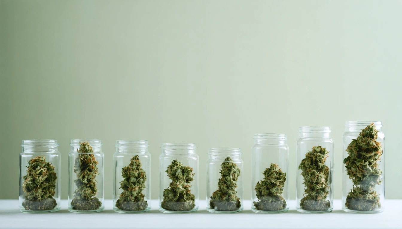 Eight glass jars in a row, each containing green plant buds, against a pale green background
