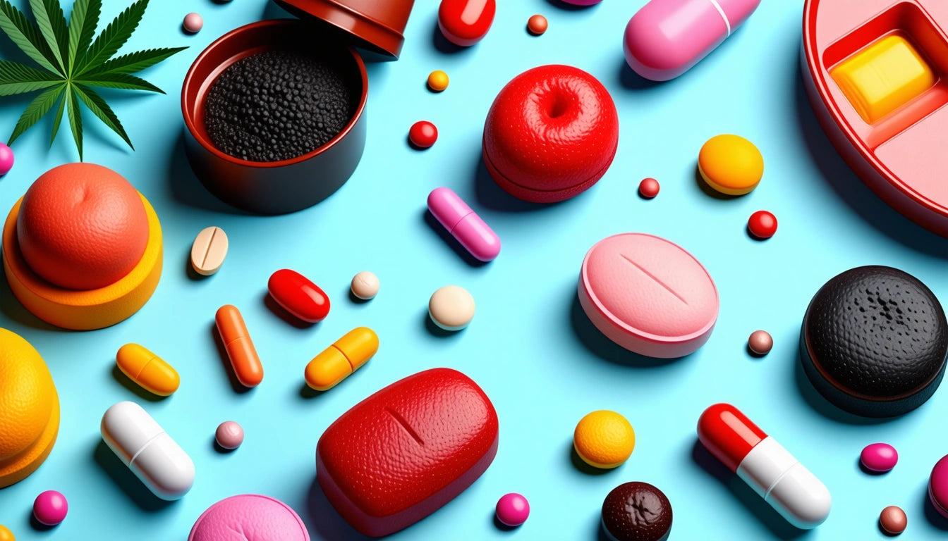 Various colorful pills and capsules scattered on a light blue surface, with a green leaf in the top left corner