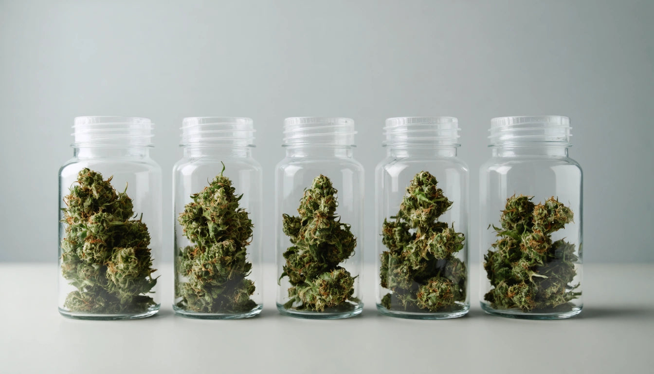 Five clear jars in a row, each filled with green, leafy buds, on a white surface against a light gray background