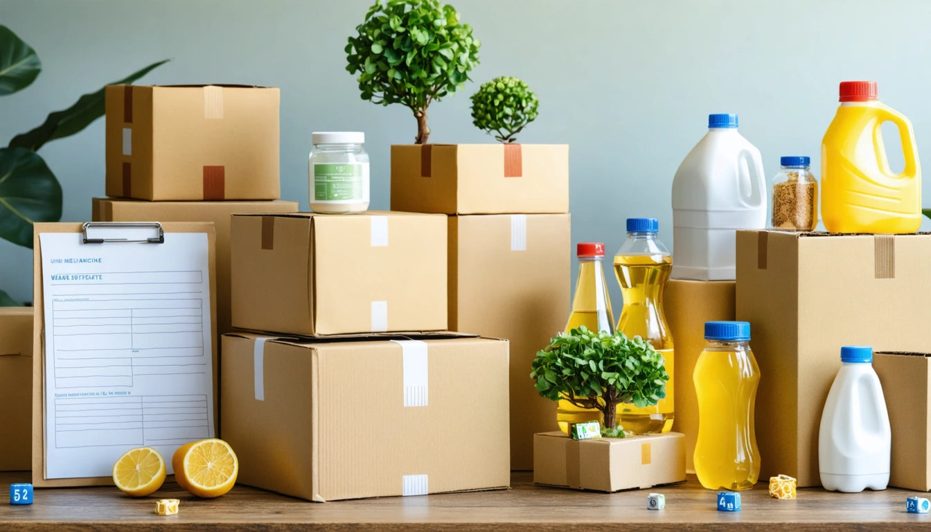 Cardboard boxes stacked with small potted trees, bottles of oil, a jar, a clipboard, lemons, and dice on a wooden surface
