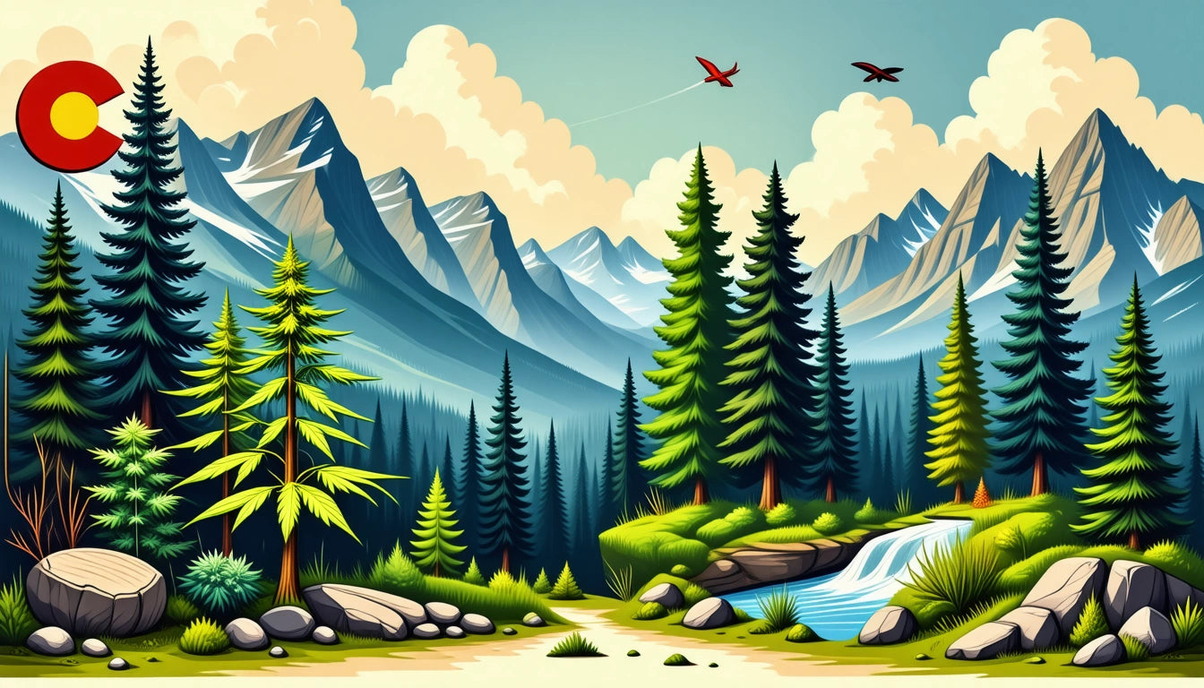 Mountain landscape with tall pine trees, a small waterfall, rocky path, and two birds flying in a cloudy sky
