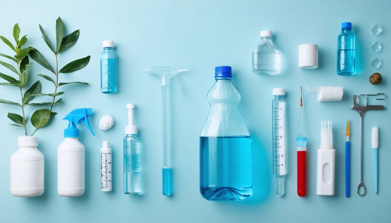 Various cleaning bottles, pipettes, and test tubes on a blue background, with green leaves on the left side