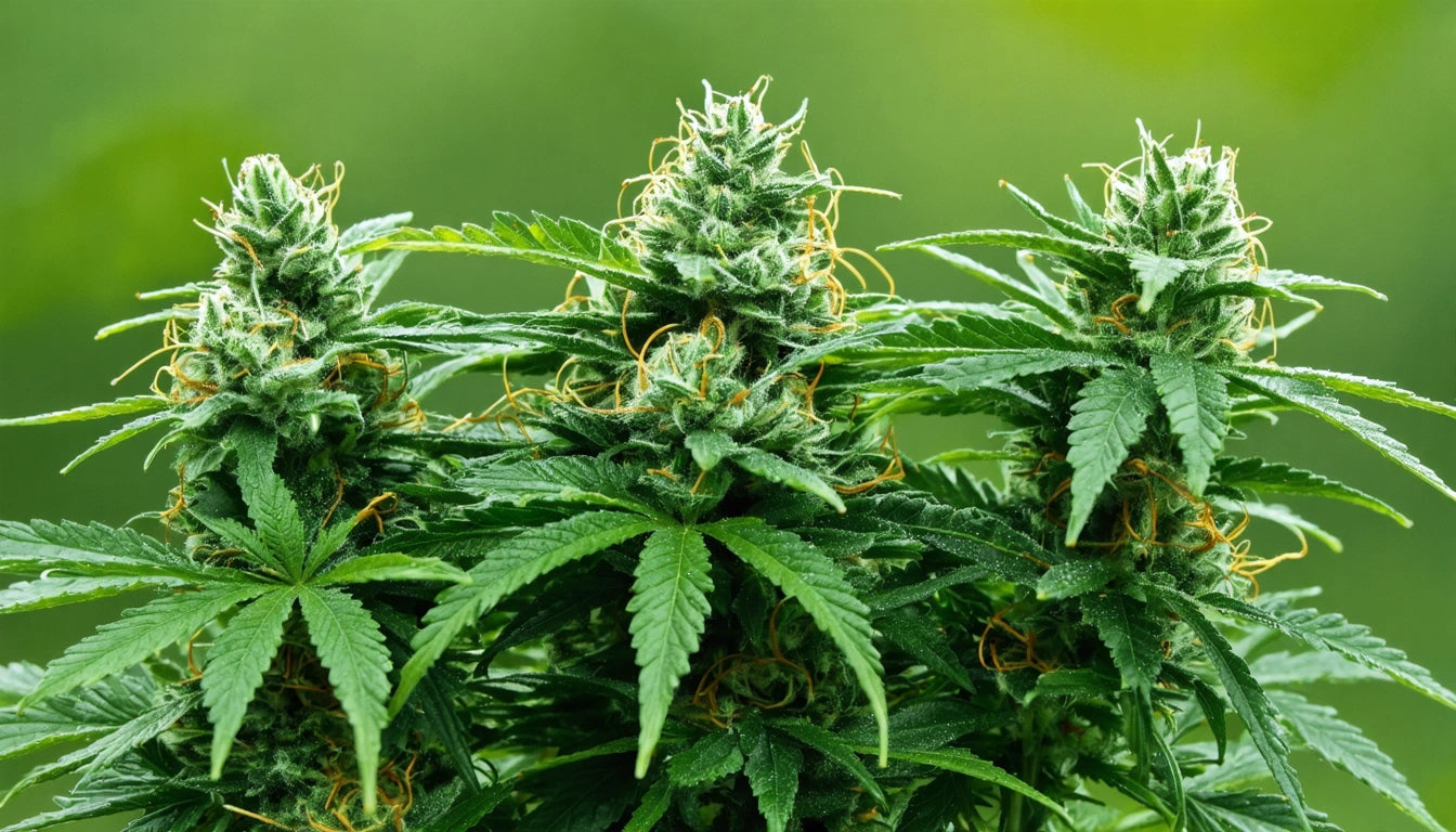 Three dense, green plants with pointed leaves and orange strands, set against a blurred green background