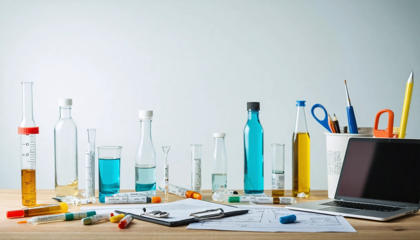 Test tubes and beakers with blue and yellow liquids on a table, alongside papers, a laptop, and scattered capsules