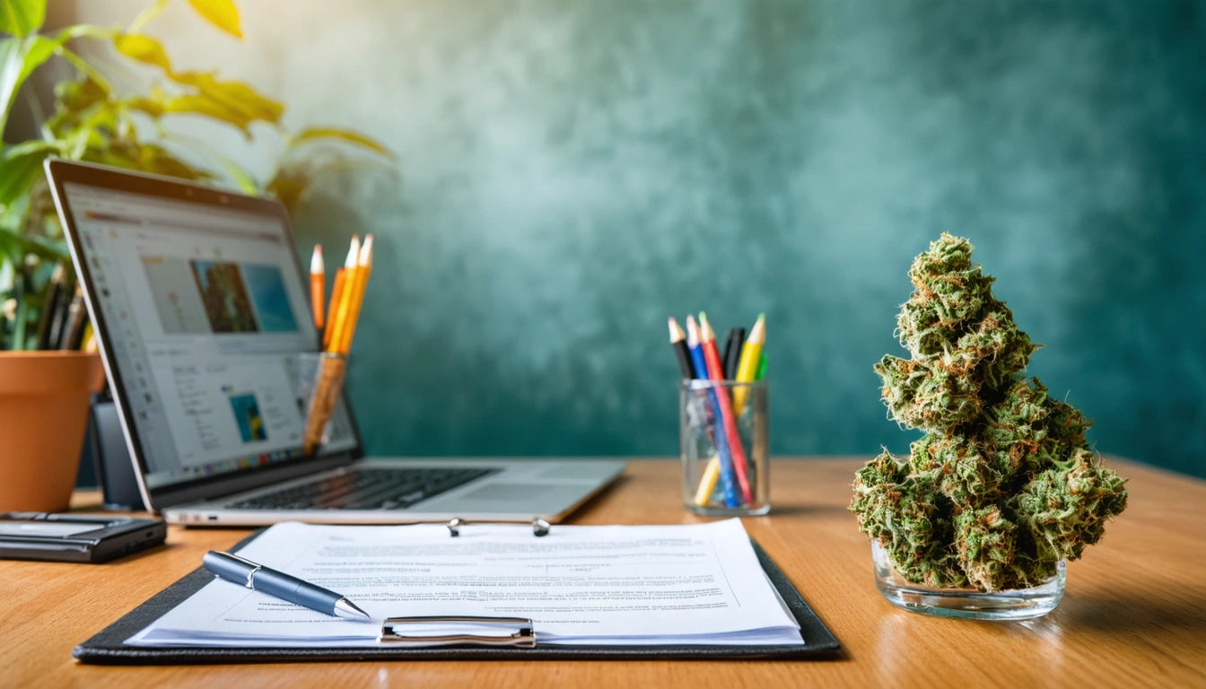 Laptop on wooden desk, open document with pen, glass jar with cannabis buds, potted plant, colored pencils in background