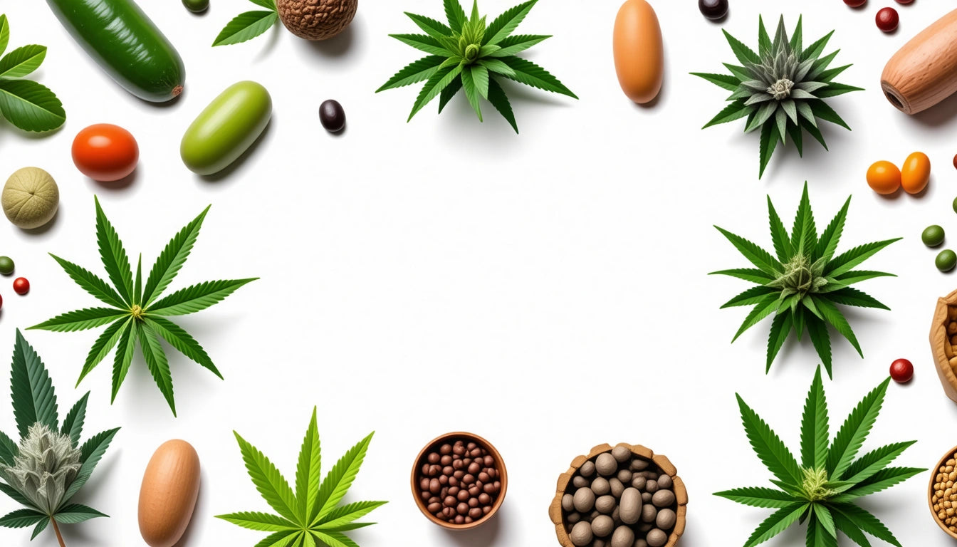 Green leaves, assorted nuts, and colorful capsules arranged in a circle on a white background