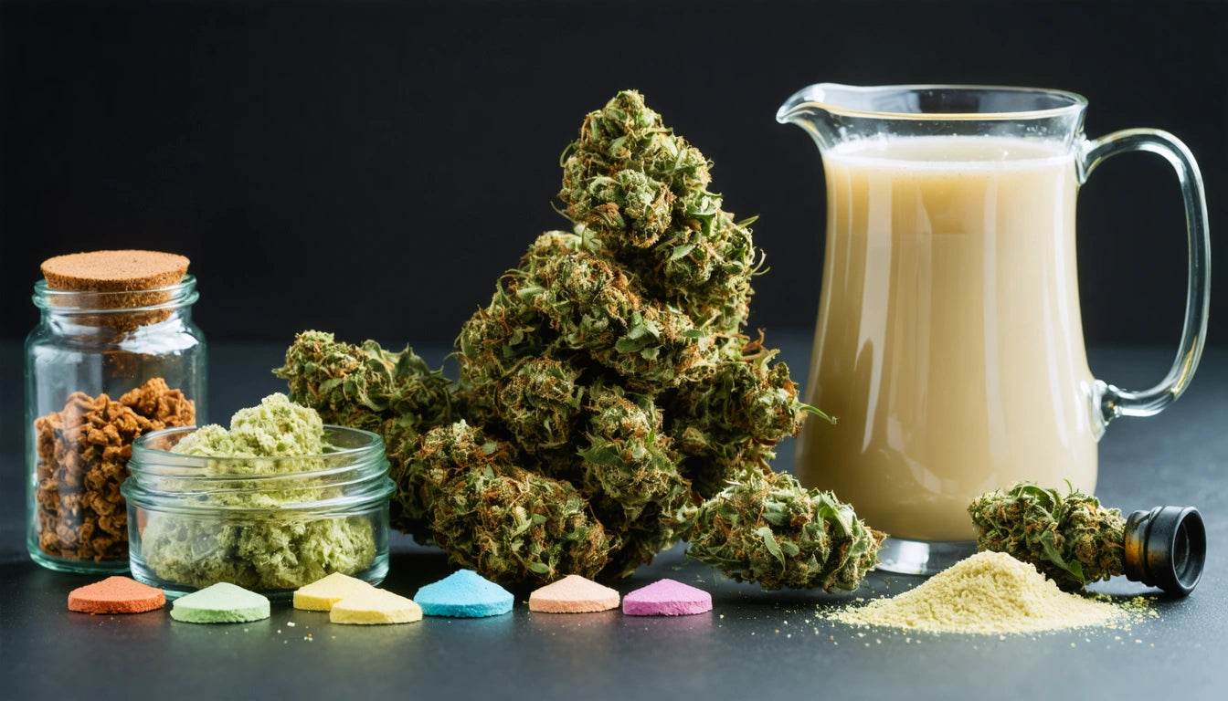 Glass pitcher with beige liquid, jars of green and brown substances, colorful hexagonal tablets, and scattered powder