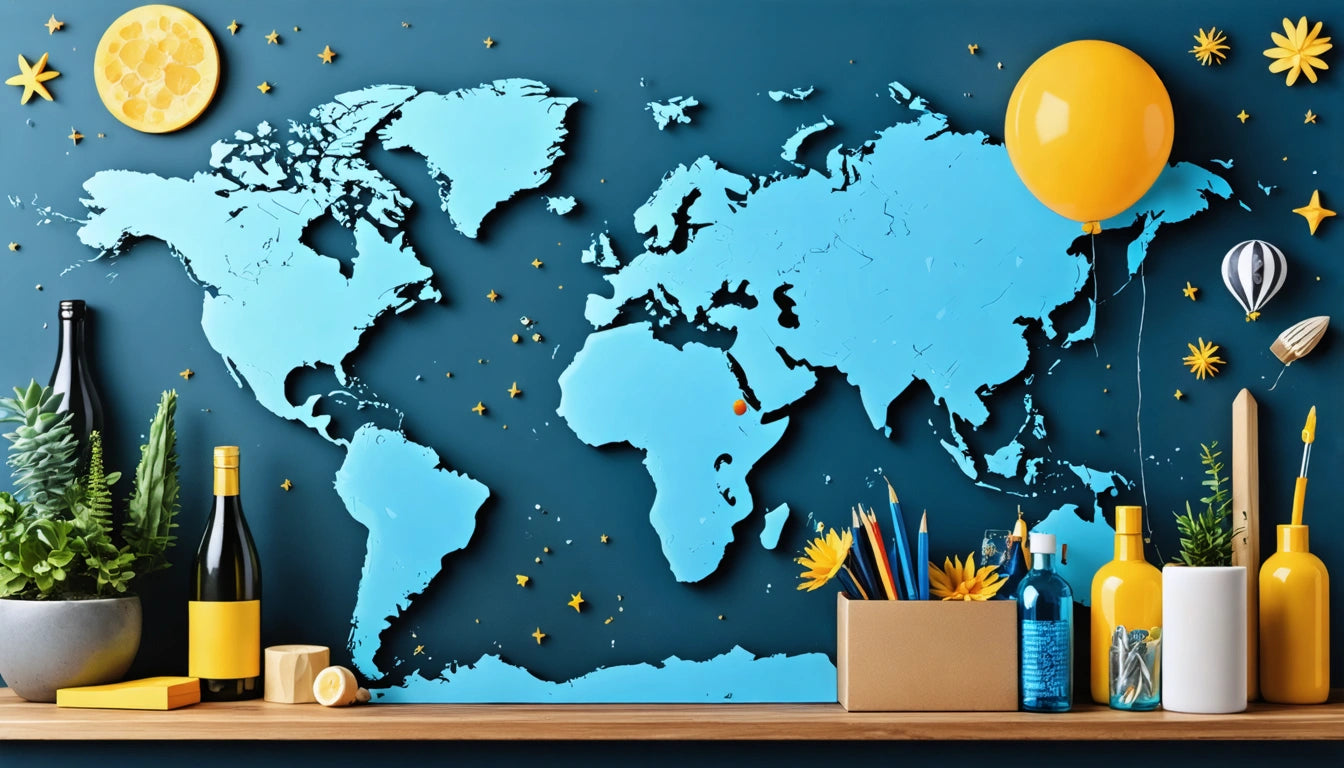 Blue world map on wall, yellow balloon, stars, and sun. Shelf with plants, wine bottle, pencils in box, and decorative items