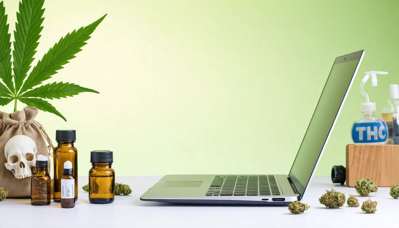 Laptop on white surface, amber bottles, cannabis leaf, skull model, and buds against a green gradient background