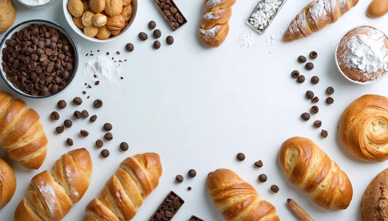 Assorted pastries, chocolate chips, and nuts arranged in a circle on a white surface, leaving a blank space in the center
