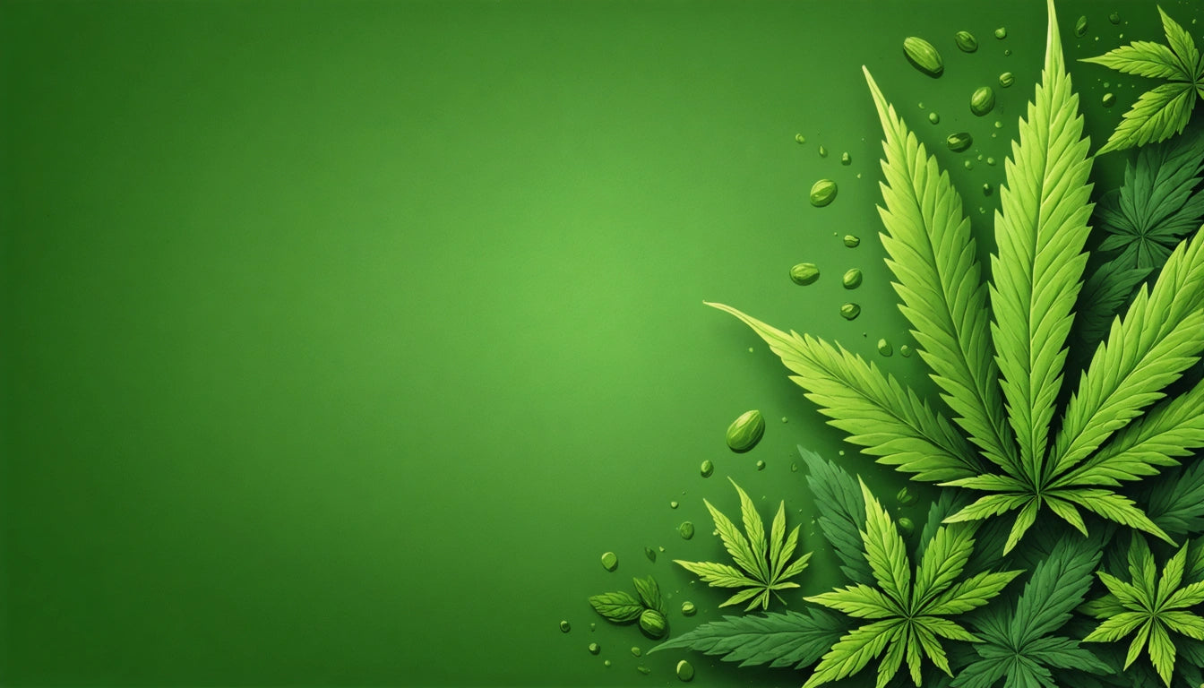 Green leaves with serrated edges and small droplets on a vibrant green background, clustered in the lower right corner