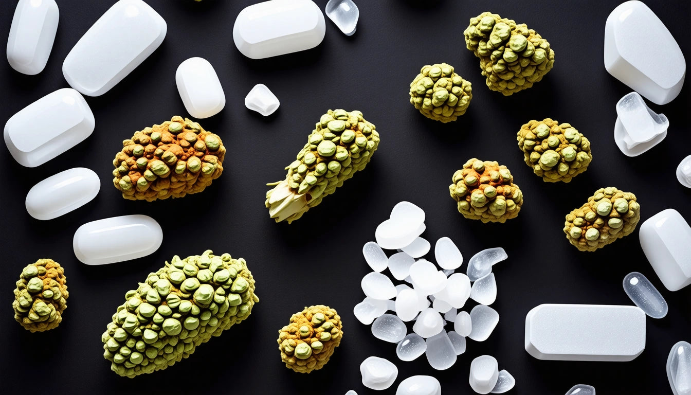 Green textured cones and clusters of white, smooth stones scattered on a black surface