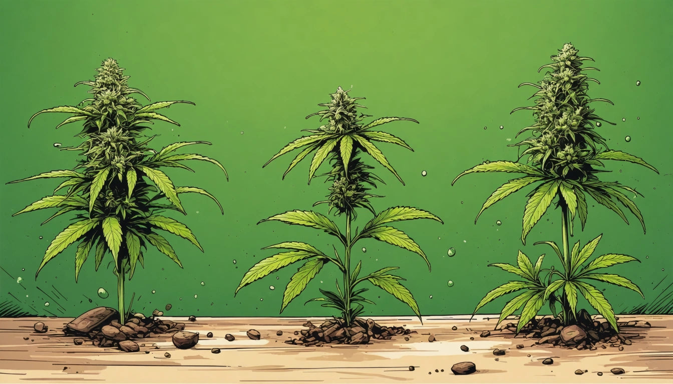 Three green plants with pointed leaves and buds, growing in soil with scattered rocks, against a solid green background