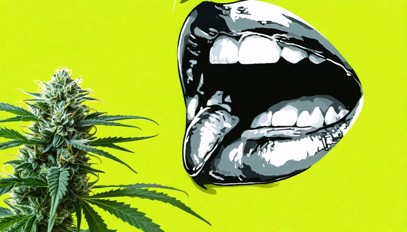Black and white open mouth illustration on bright green background, with cannabis plant leaves on the left