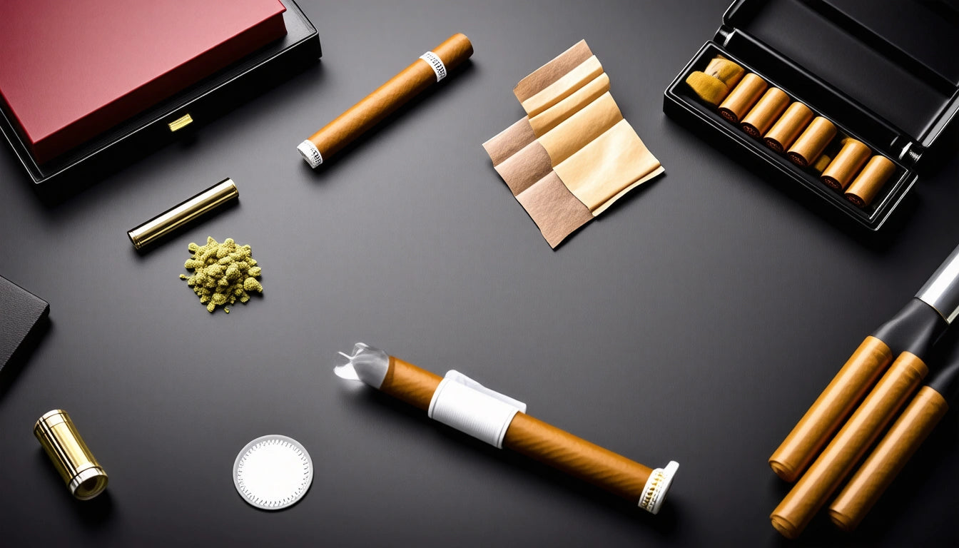 Cigars, cigar cutter, lighter, and tobacco leaves on a dark surface