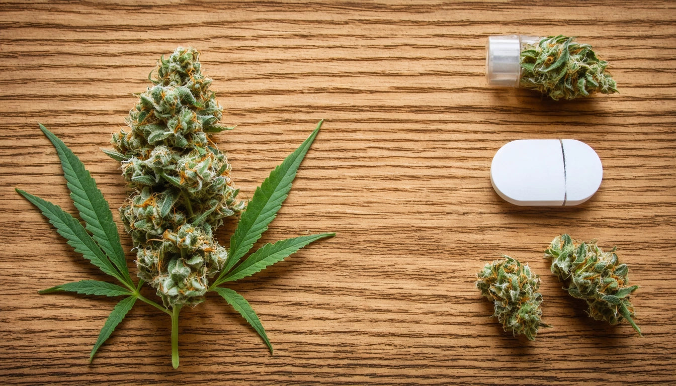 Cannabis bud and leaf on wood surface, with two smaller buds, a pill, and a capsule nearby