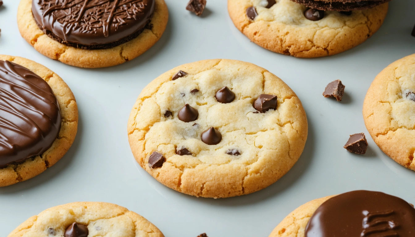 Assorted cookies on a light surface, including chocolate chip and chocolate-covered varieties with scattered chocolate pieces