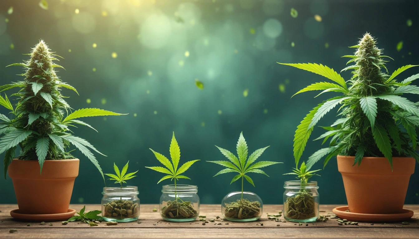 Potted plants with large green leaves on wooden table, small jars with leaves and buds, soft focus green background with light