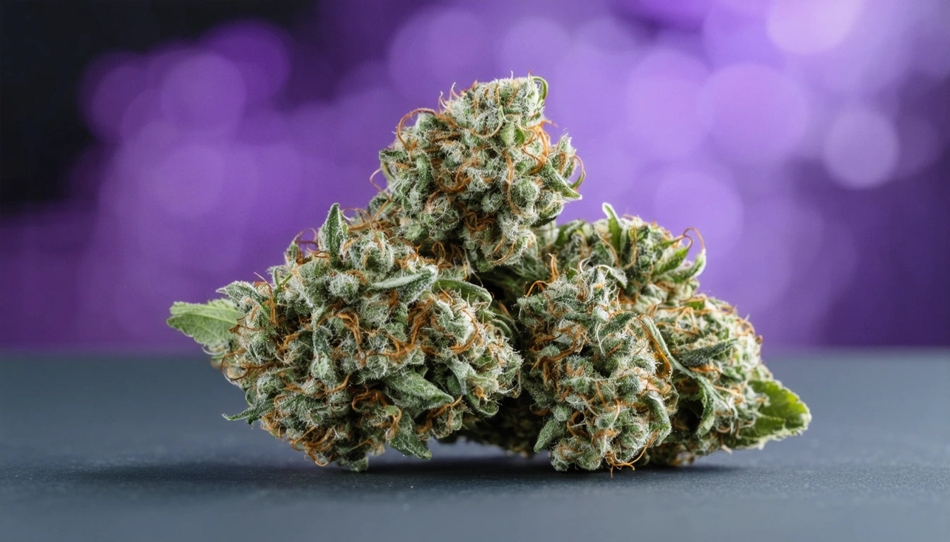 Three dense, green and orange buds on a dark surface with a blurred purple background