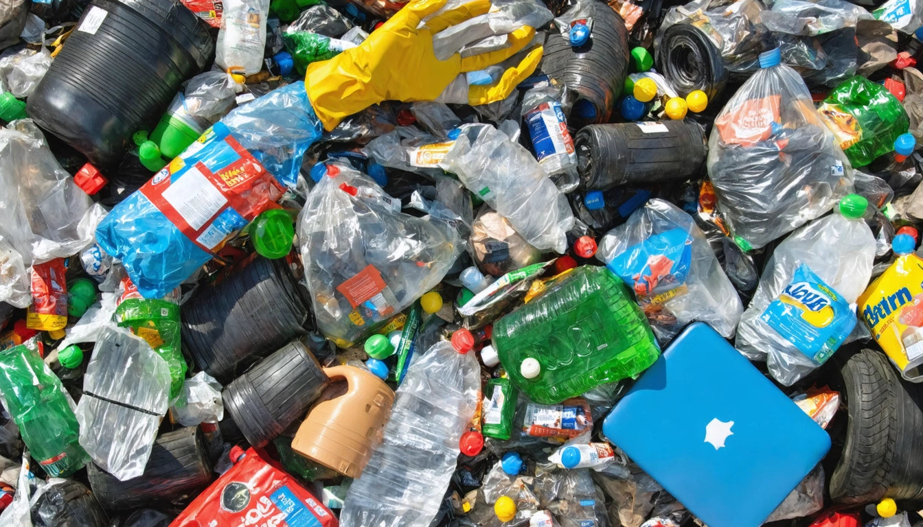 Piles of plastic bottles, bags, and containers with a yellow glove and a blue laptop among the debris