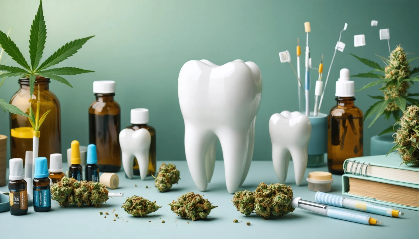 Large and small tooth models, cannabis buds, amber bottles, dental tools, and a cannabis leaf on a green surface