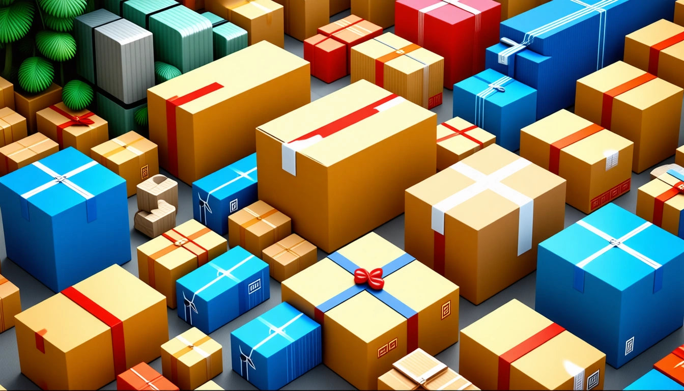 Colorful assortment of stacked gift boxes in various sizes, wrapped in red, blue, and gold paper with ribbons and bows