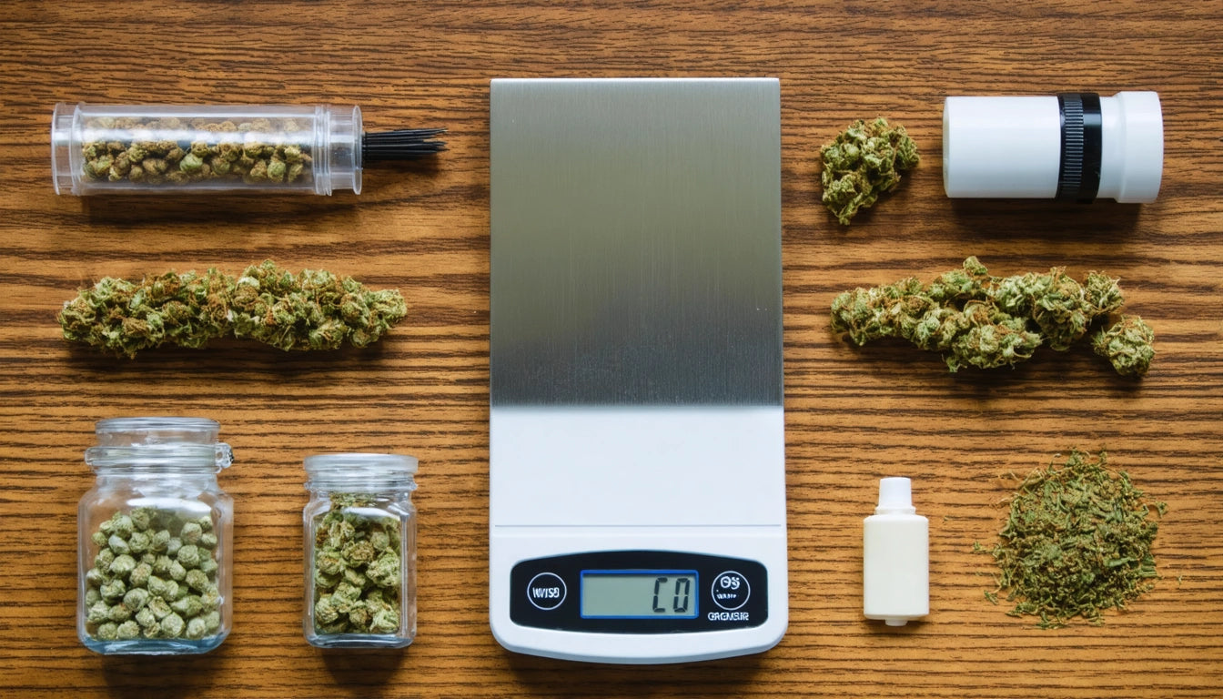 Digital scale on wooden surface surrounded by cannabis buds, jars, a grinder, and a small bottle