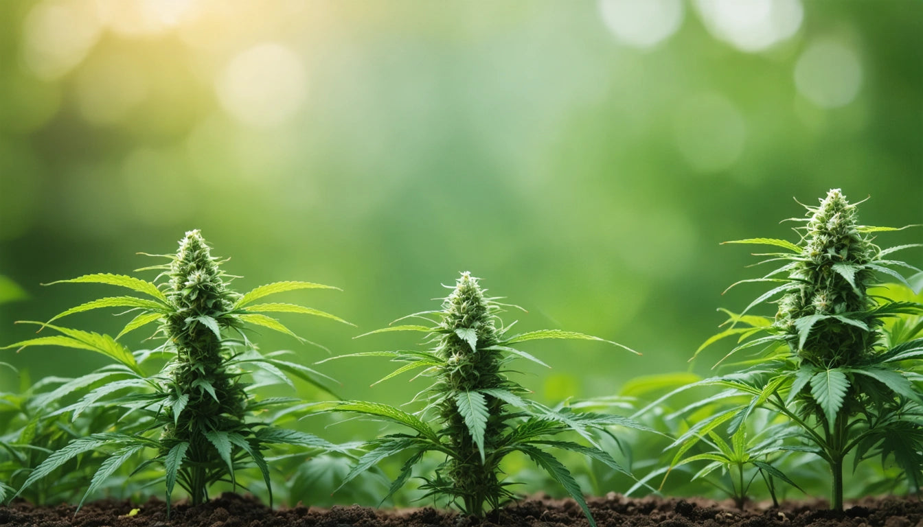 Three green plants with pointed leaves and buds in soil, blurred green background with sunlight