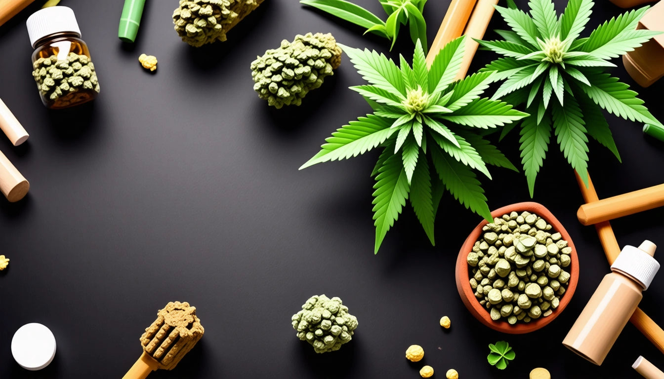 Green leaves, small jars, and clusters of green buds on a black surface. Brown sticks and small round objects scattered around