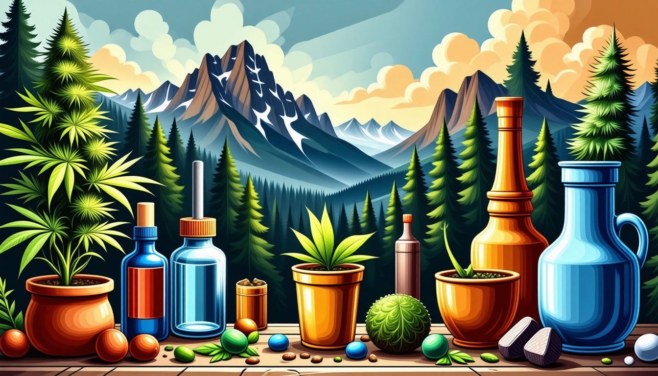 Various bottles and potted plants on a wooden table, with mountains and pine trees in the background under a cloudy sky